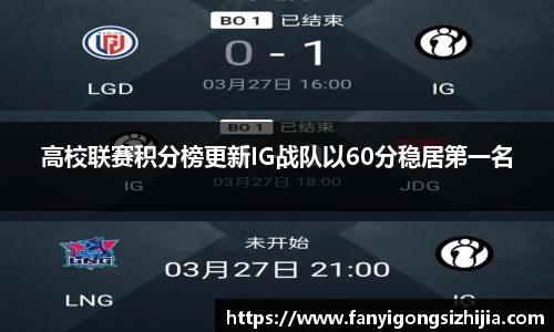 高校联赛积分榜更新IG战队以60分稳居第一名